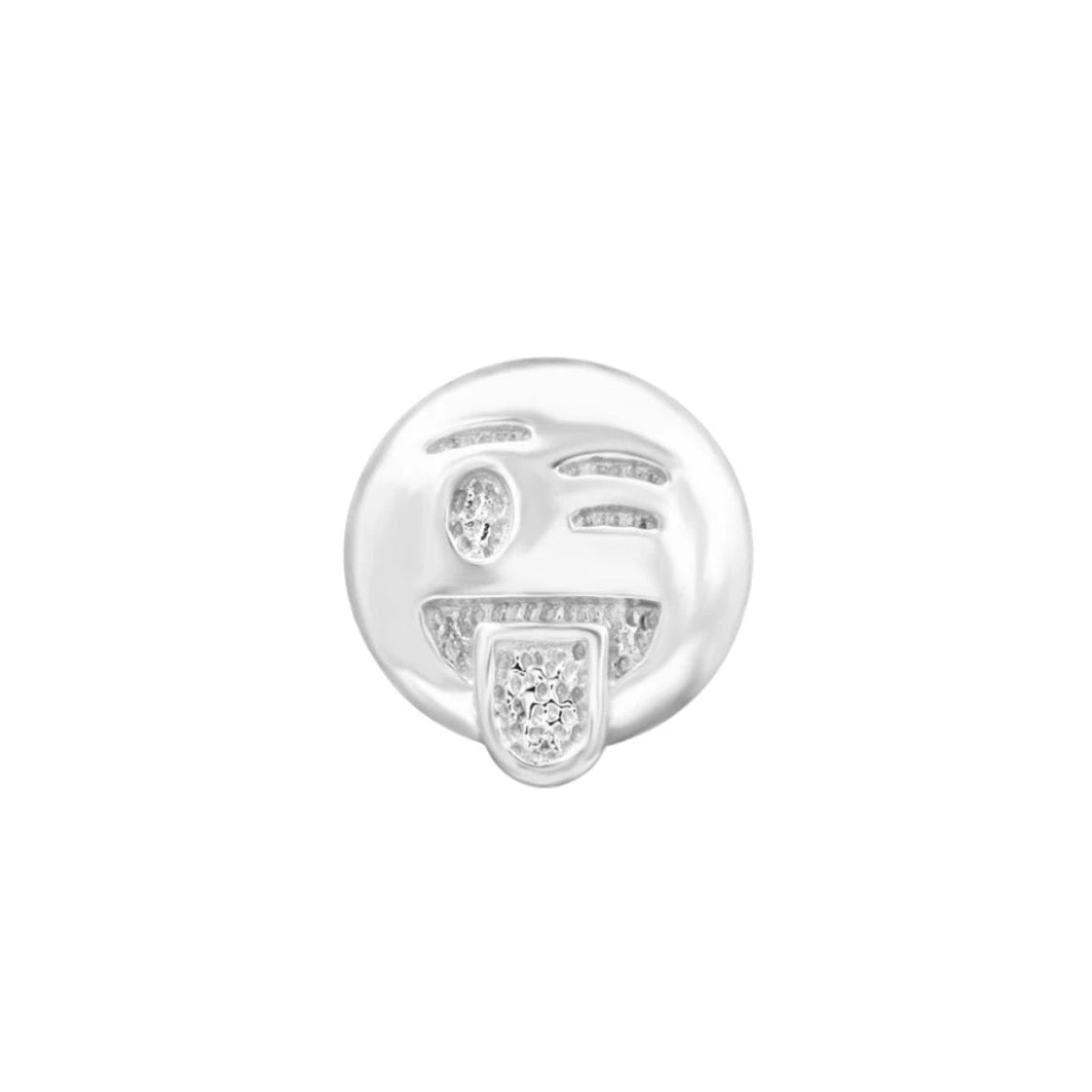 Junipurr oooo Cheeky... solid 14k white gold winking tongue-out emoji threadless end, front view.