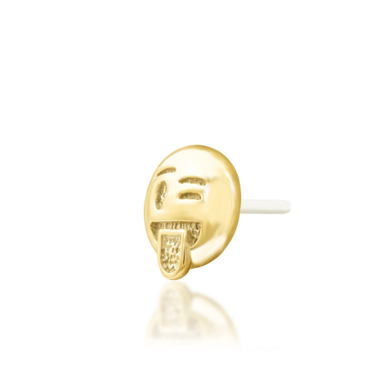 Junipurr oooo Cheeky... solid 14k yellow gold winking tongue-out emoji threadless end, angled view.
