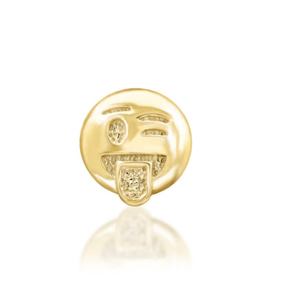 Junipurr oooo Cheeky... solid 14k yellow gold winking tongue-out emoji threadless end, front view.