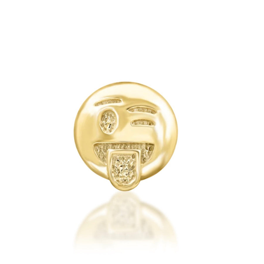 Junipurr oooo Cheeky... solid 14k yellow gold winking tongue-out emoji threadless end, front view.