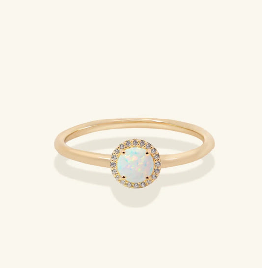 Junipurr Ophelis synthetic opal and CZ pendant ring, product view.