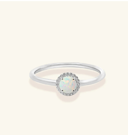Junipurr Ophelis white gold ring with a round opal and small CZ halo. – alternate view