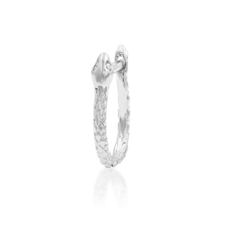 Junipurr Ophis white gold snake hoop with a curved textured silhouette and two white CZ accent stones.