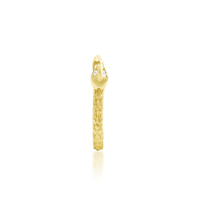 Junipurr Ophis yellow gold snake ring featuring a detailed serpent head and two small white CZ eyes.