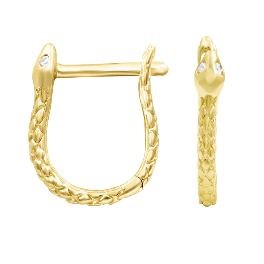 Textured 14k yellow gold Junipurr Ophis snake hoop with a sculptural curved body and white CZ eye details.