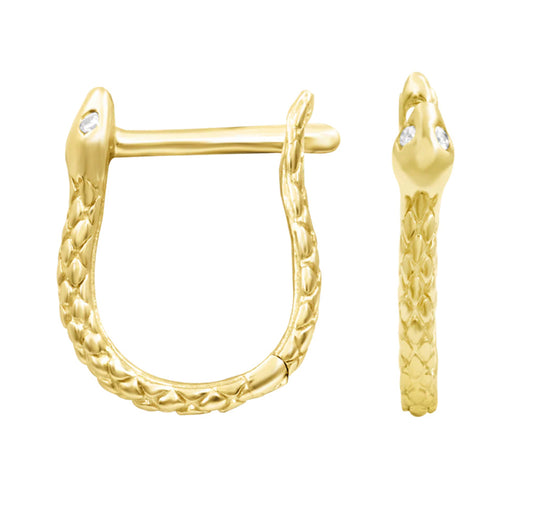 Textured 14k yellow gold Junipurr Ophis snake hoop with a sculptural curved body and white CZ eye details.