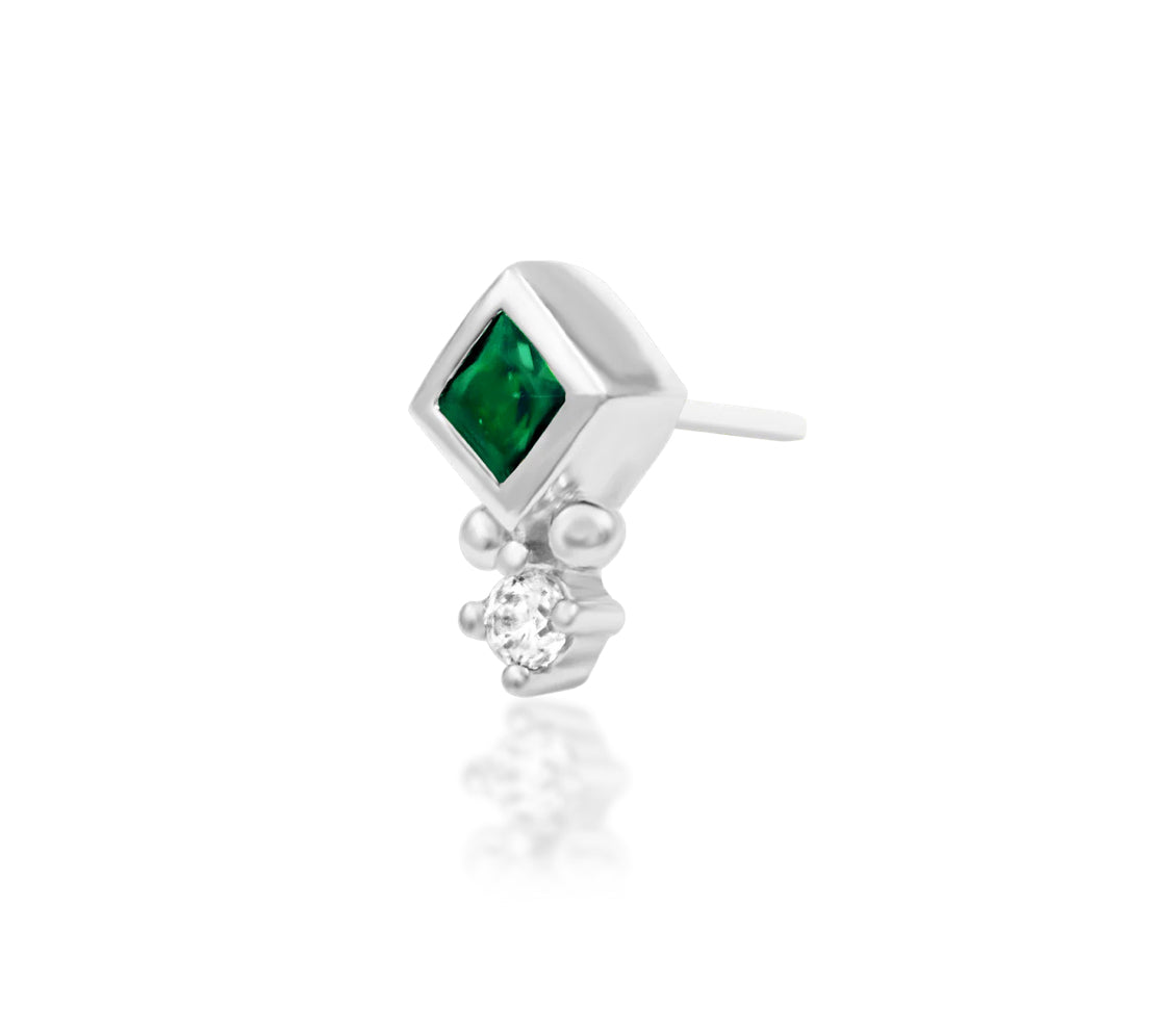 Junipurr Oran Emerald Green CZ threadless end in white gold, angled view