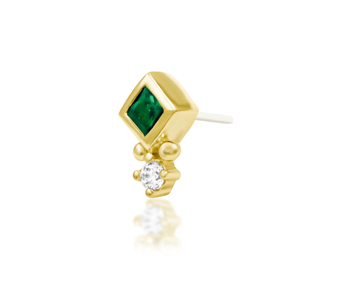 Junipurr Oran Emerald Green CZ threadless end in yellow gold, angled view
