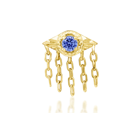 Junipurr Organa solid 14k gold Tanzanite CZ chain threadless decorative end, product view.