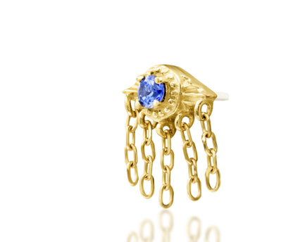 Junipurr Organa articulated Tanzanite CZ threadless earring in solid 14k gold, product view.