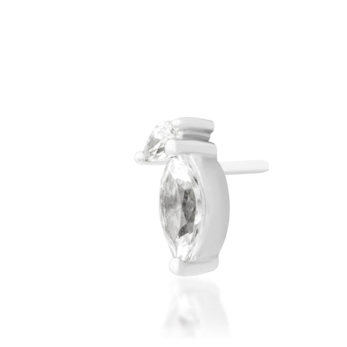 Junipurr Orla marquise White CZ threadless decorative end in solid 14k white gold, angled view.