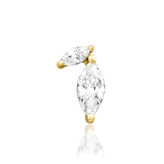 Junipurr Orla threadless end in solid 14k yellow gold with two marquise-cut White CZ stones, front view.