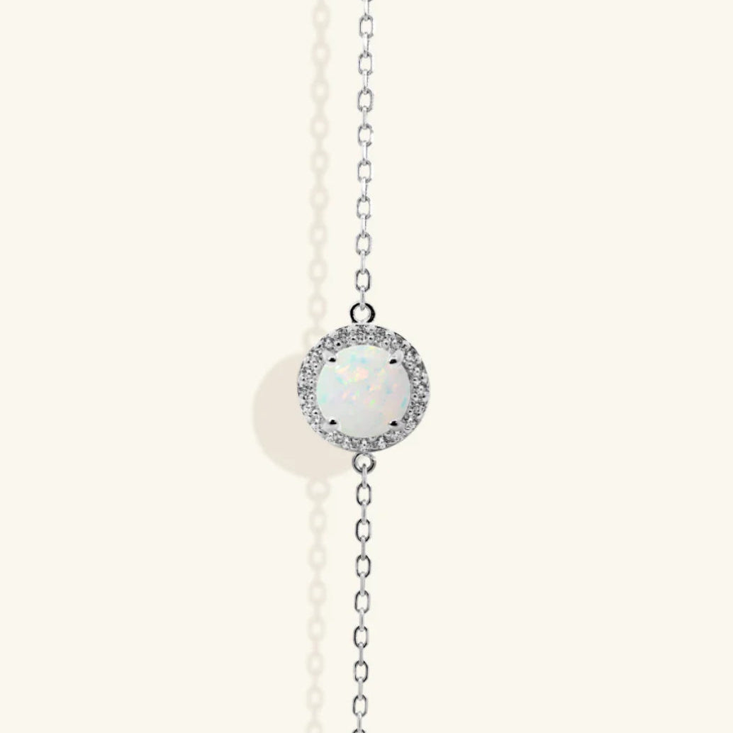 Junipurr Orvanna synthetic opal and cubic zirconia bracelet, angled view.