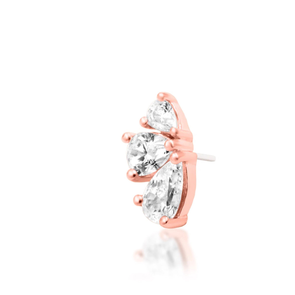 Junipurr Padma solid 14k rose gold triple-pear White CZ threadless end, angled view.