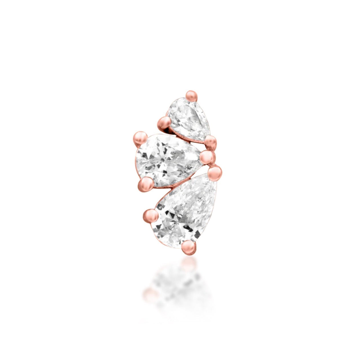 Junipurr Padma solid 14k rose gold threadless end with three graduated pear-cut White CZ stones, front view.