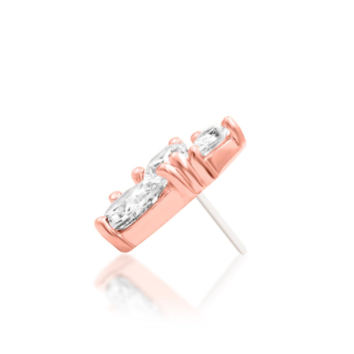 Junipurr Padma solid 14k rose gold triple-pear White CZ threadless end, side profile.