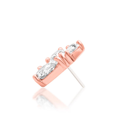 Junipurr Padma solid 14k rose gold triple-pear White CZ threadless end, side profile.