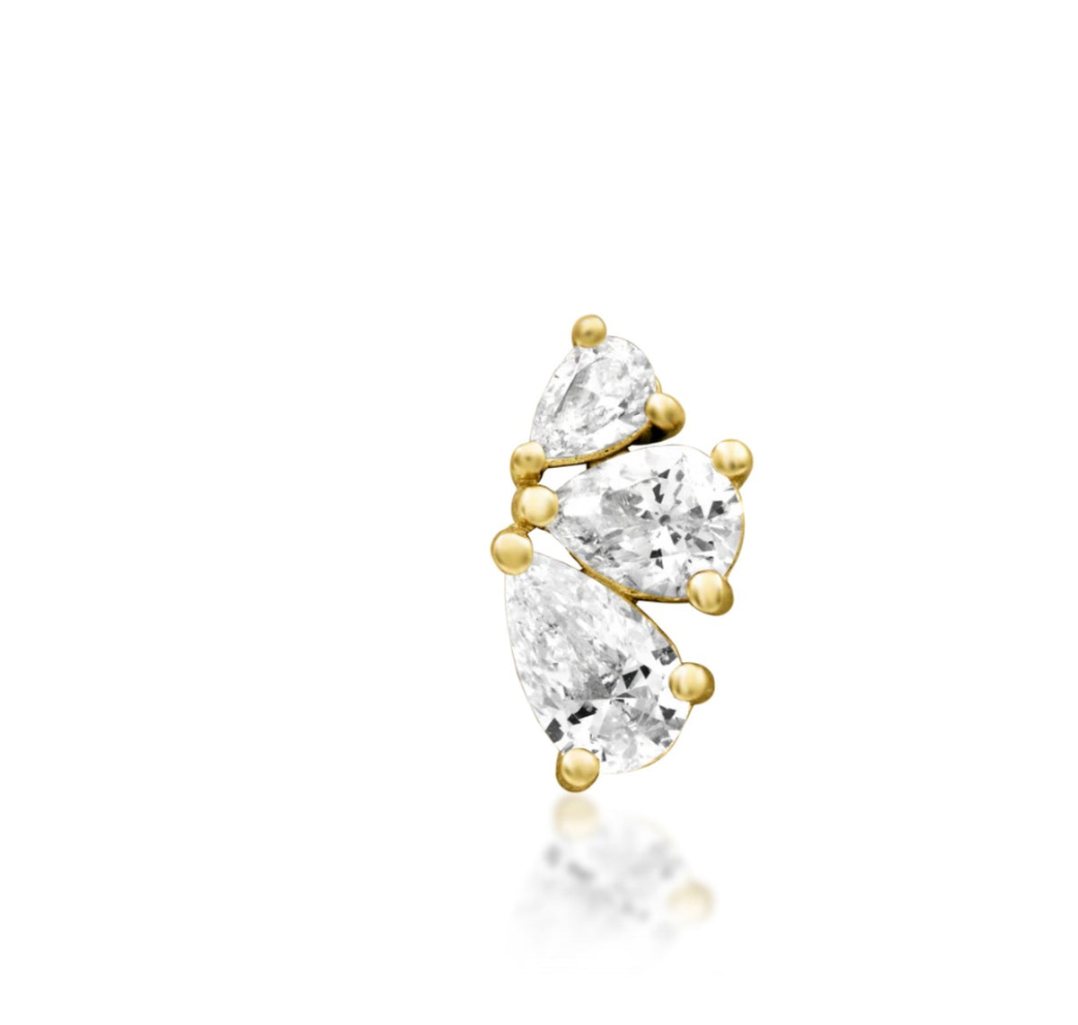 Junipurr Padma solid 14k gold threadless decorative end with three graduated pear-cut White CZ stones, product view.