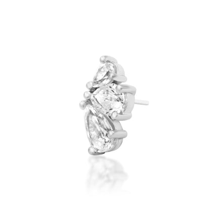 Junipurr Padma solid 14k white gold triple-pear White CZ threadless end, alternate angled view.