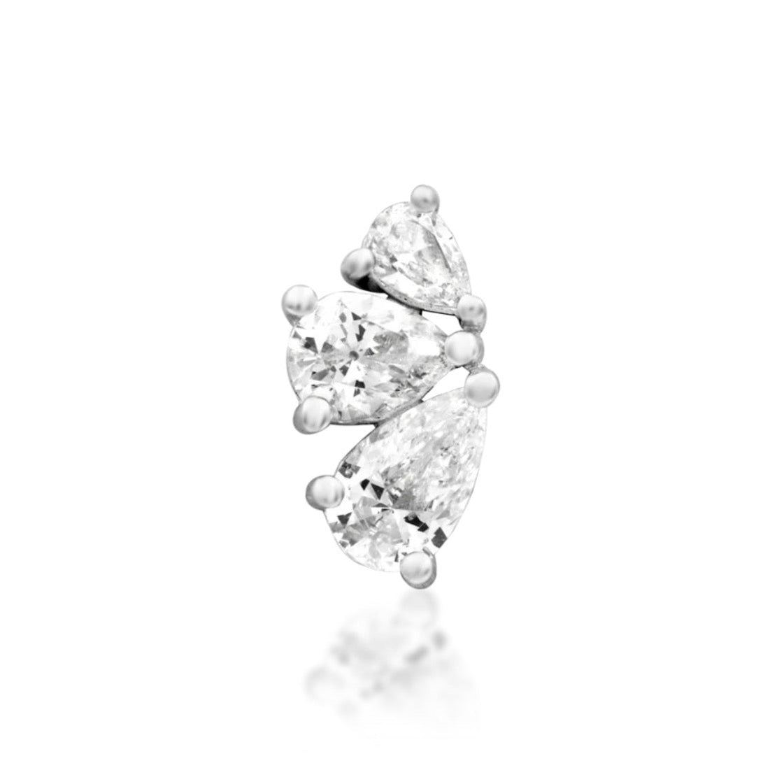 Junipurr Padma solid 14k white gold threadless end with three graduated pear-cut White CZ stones, front view.