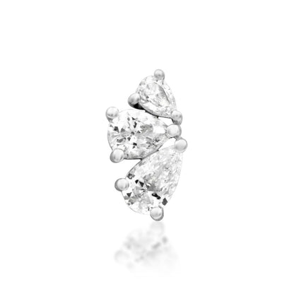 Junipurr Padma solid 14k white gold threadless end with three graduated pear-cut White CZ stones, front view.