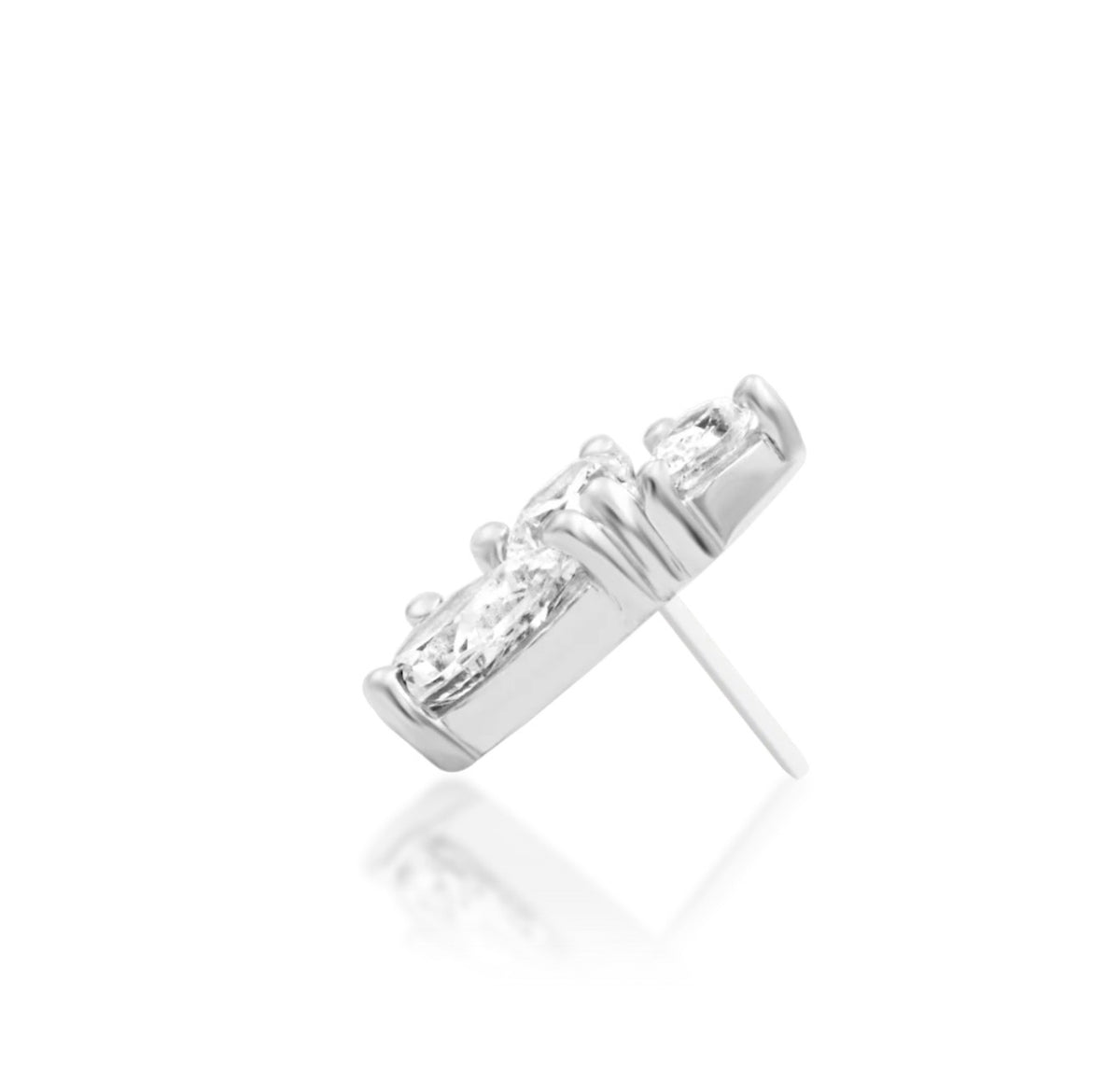 Junipurr Padma solid 14k white gold triple-pear White CZ threadless end, side profile.
