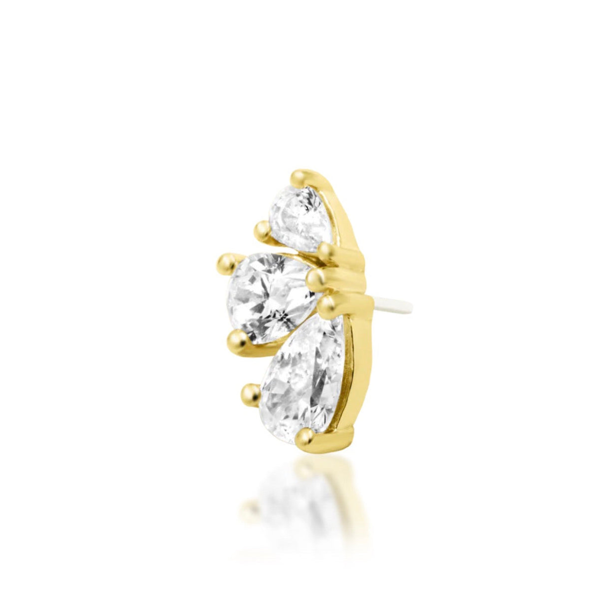 Junipurr Padma solid 14k yellow gold triple-pear White CZ threadless end, angled view.