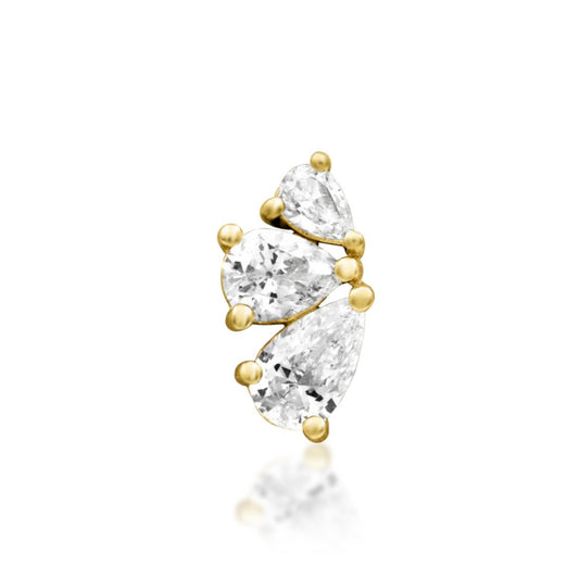 Junipurr Padma solid 14k yellow gold threadless end with three graduated pear-cut White CZ stones, front view.
