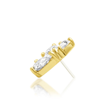 Junipurr Padma solid 14k yellow gold triple-pear White CZ threadless end, side profile.