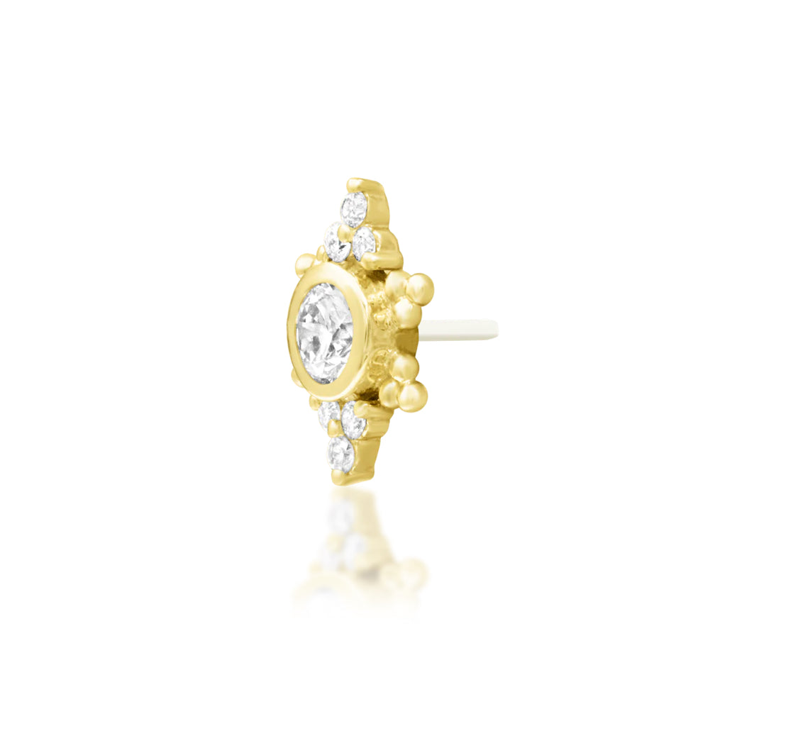Junipurr Praise solid 14k gold threadless decorative end with seven lab-grown diamonds, product view.