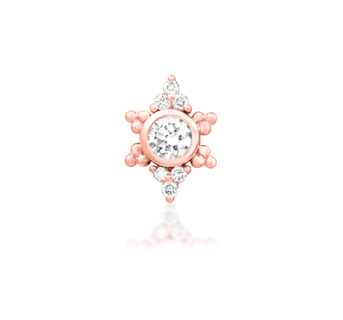 Junipurr Praise solid 14k gold threadless end with a structured seven-diamond cluster, product view.