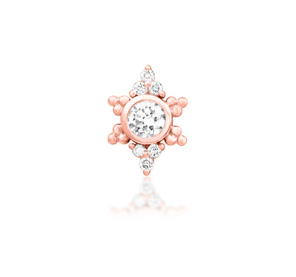 Junipurr Praise solid 14k gold threadless end with a structured seven-diamond cluster, product view.