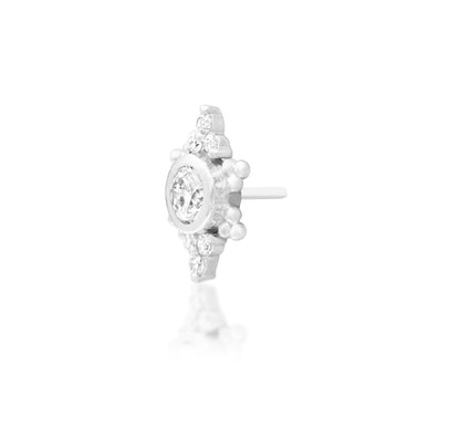 Junipurr Praise solid 14k white gold threadless end with seven lab-grown diamonds, angled view.