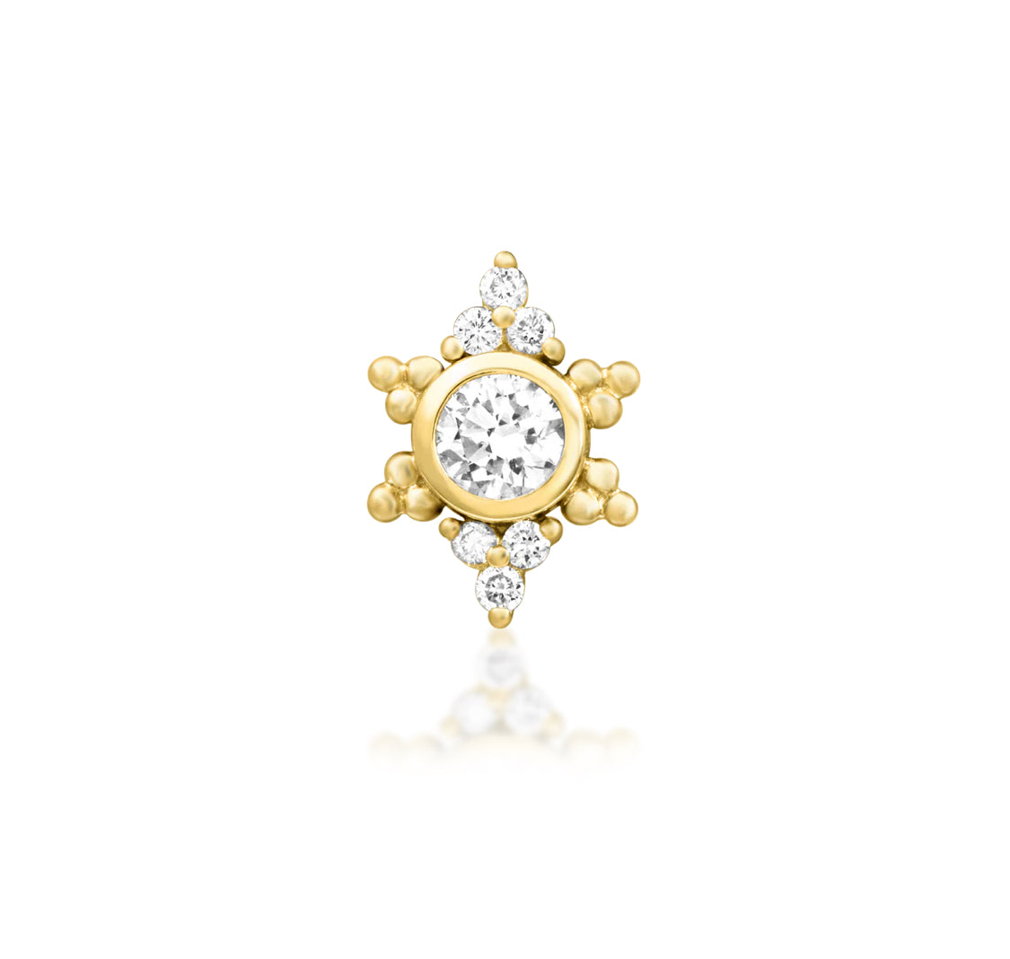 Junipurr Praise solid 14k yellow gold threadless end with seven lab-grown diamonds, front view.