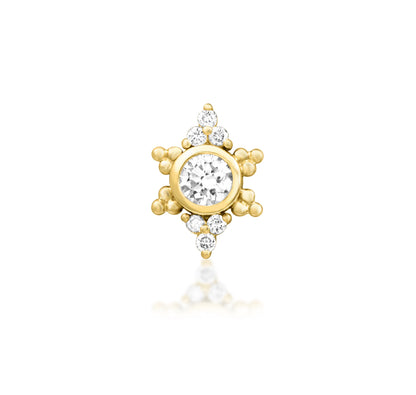 Junipurr Praise solid 14k yellow gold threadless end with seven lab-grown diamonds, front view.
