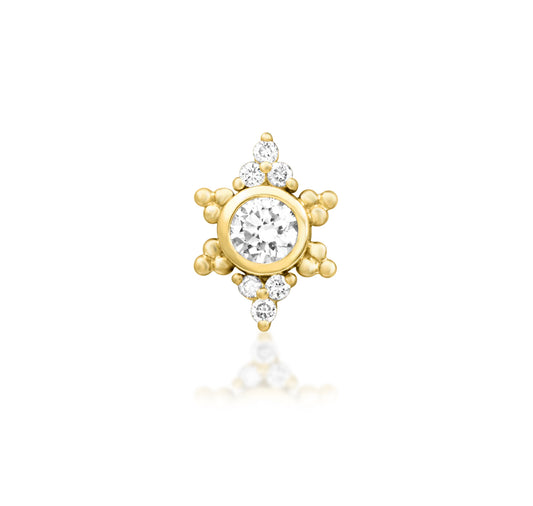 Junipurr Praise solid 14k yellow gold threadless end with seven lab-grown diamonds, front view.