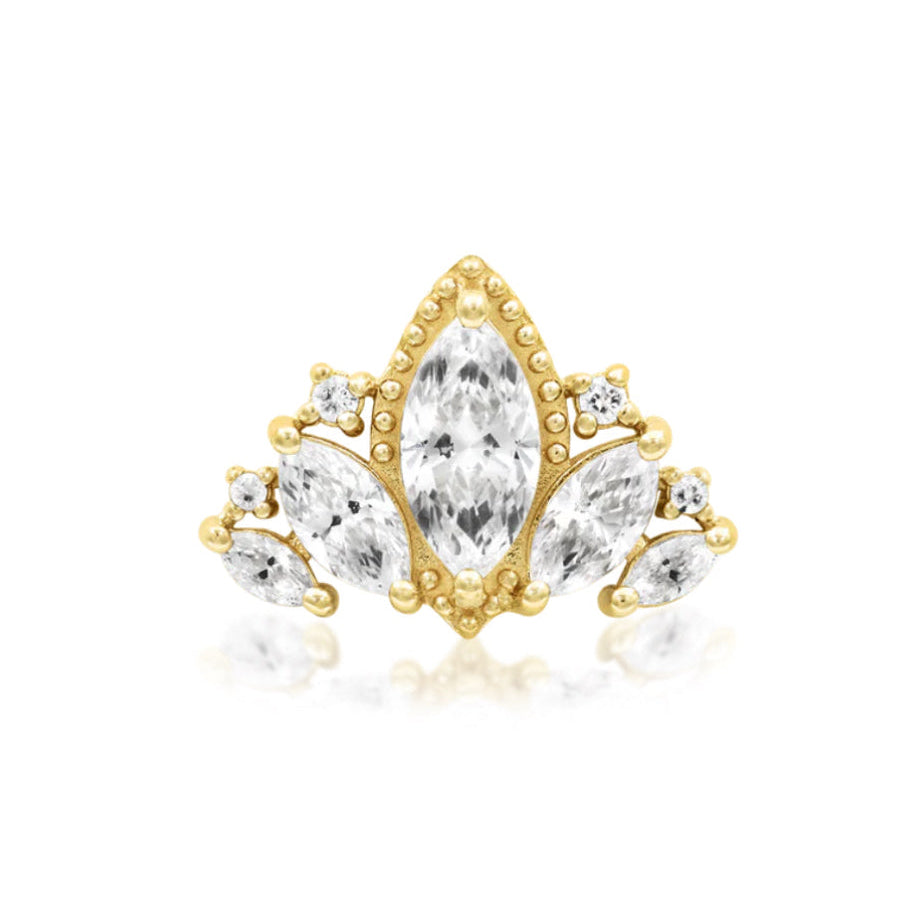 Junipurr Queen Naveen statement earring in solid 14k yellow gold with graduated marquise-cut white CZ stones