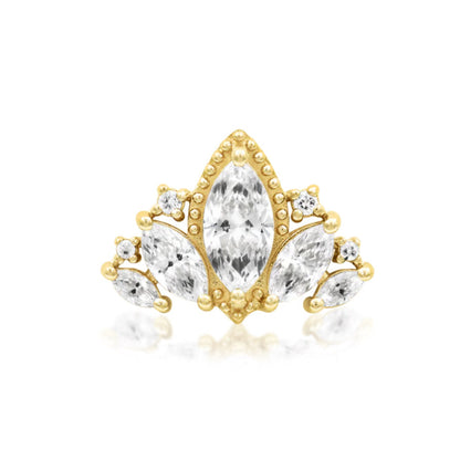 Junipurr Queen Naveen statement earring in solid 14k yellow gold with graduated marquise-cut white CZ stones