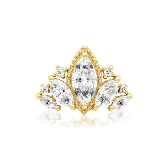 Junipurr Queen Naveen statement earring in solid 14k yellow gold with graduated marquise-cut white CZ stones