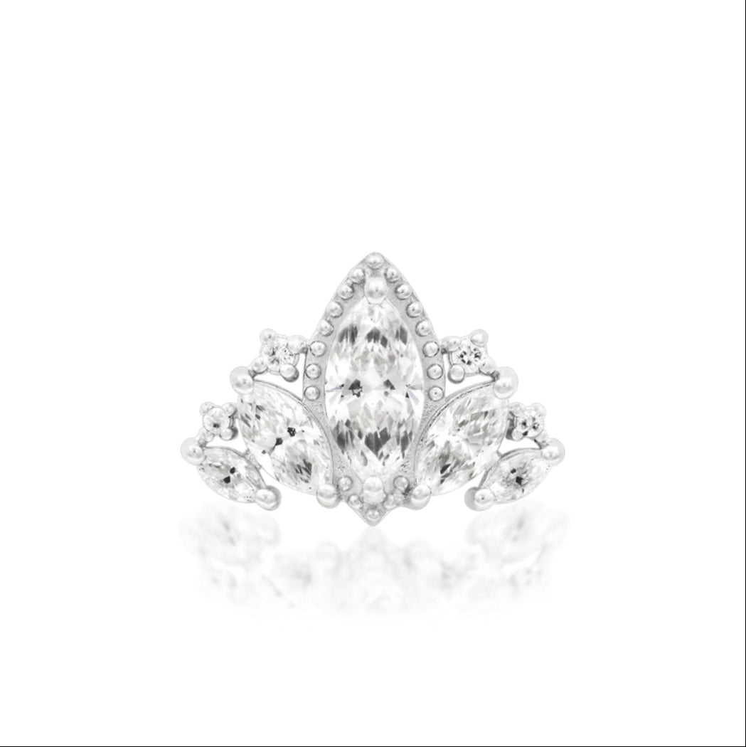 Junipurr Queen Naveen white gold statement earring with graduated marquise and round white CZ stones