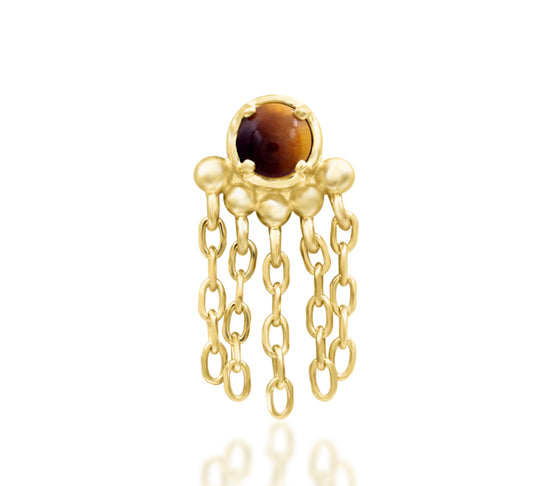 Junipurr Rajah solid 14k gold threadless end with natural Tiger Eye, product view.