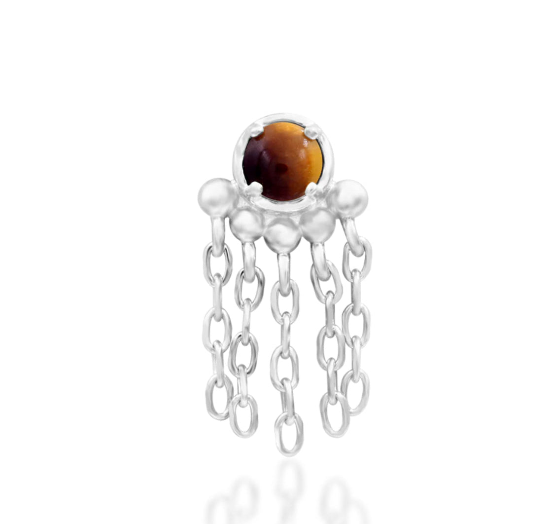 Junipurr Rajah solid 14k white gold threadless end with natural Tiger Eye, front view.