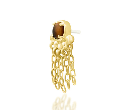 Junipurr Rajah solid 14k yellow gold threadless end with natural Tiger Eye, front view.