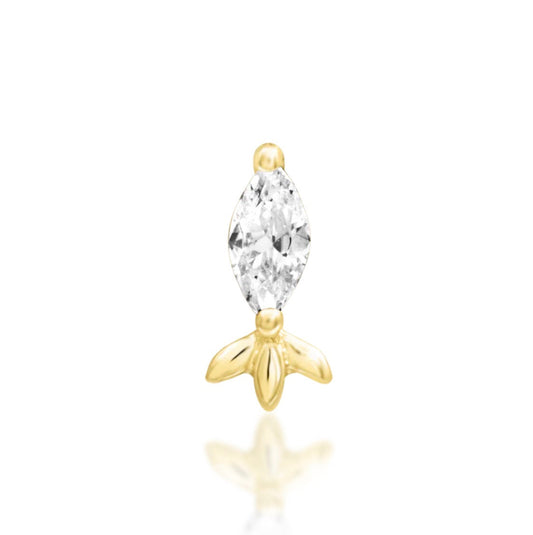 Junipurr Rana solid 14k yellow gold threadless end with a single marquise White CZ, front view.