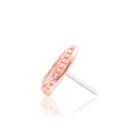 Junipurr Remi solid 14k rose gold beaded teardrop threadless end, side profile.