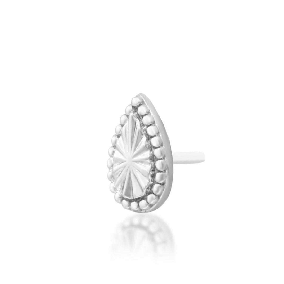 Junipurr Remi solid 14k white gold beaded teardrop threadless end, angled view.