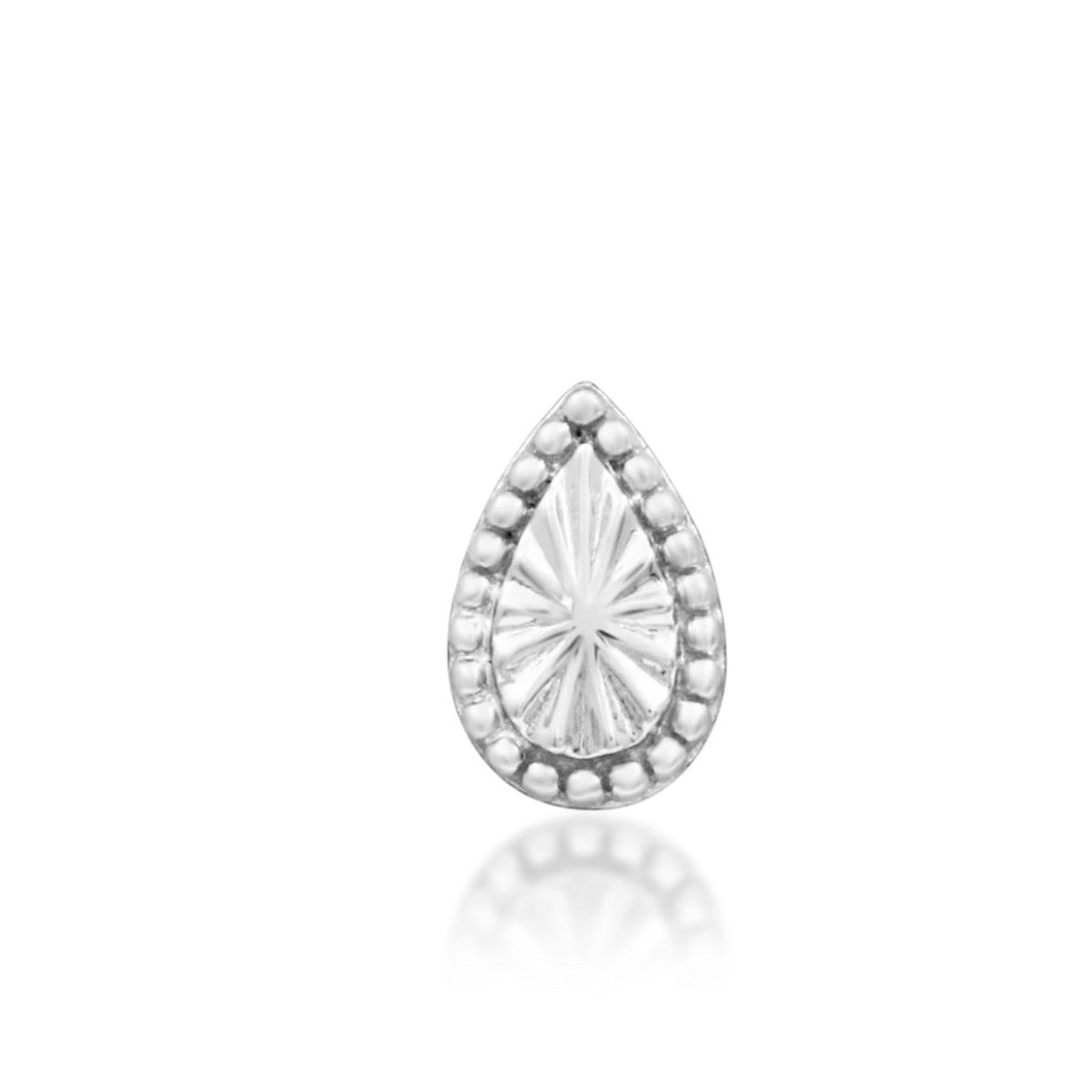 Junipurr Remi solid 14k white gold threadless end with a beaded teardrop design, front view.