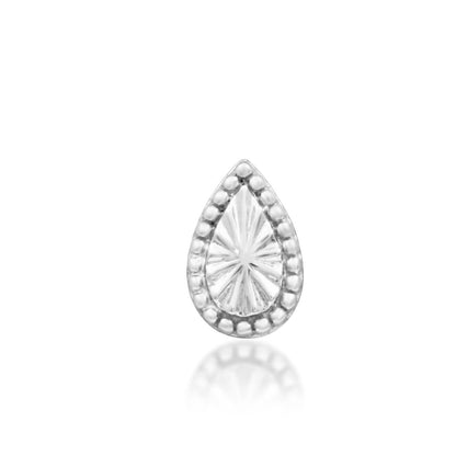 Junipurr Remi solid 14k white gold threadless end with a beaded teardrop design, front view.