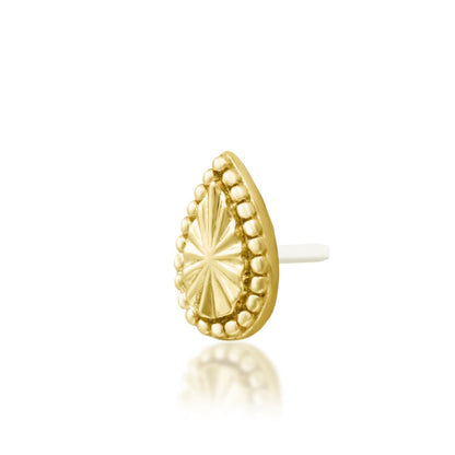 Junipurr Remi solid 14k yellow gold beaded teardrop threadless end, angled view.