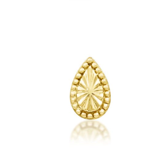 Junipurr Remi solid 14k yellow gold threadless end with a beaded teardrop design, front view.